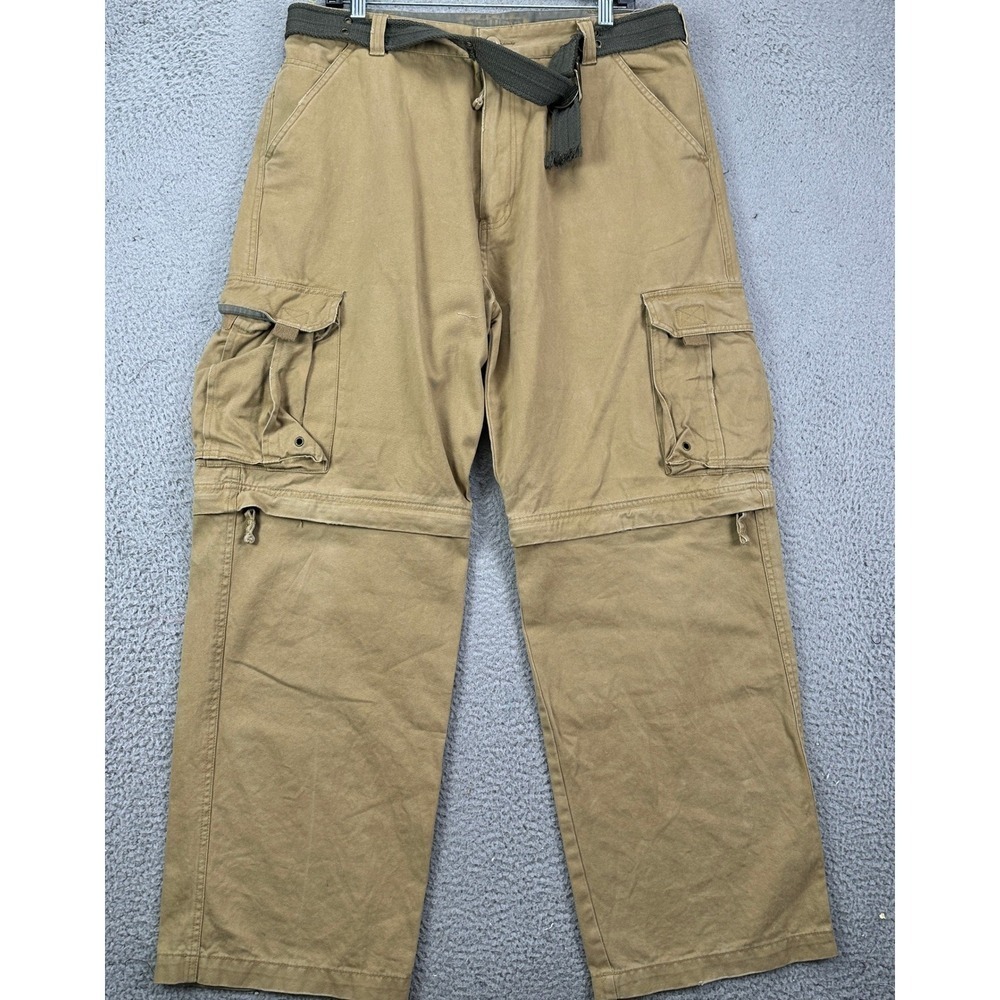 VTG Plugg Mens 34X30 Pants Cargo Tan Baggy Wide Leg Convertible Y2K Utility EUC